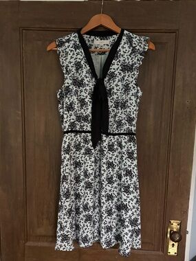 LOFT Black & Light Blue Floral Tie-Front Midi Dress